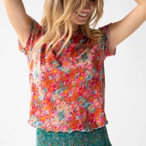 NWT Natural Life Lily Cotton Tee Top Bright Pink Red Floral Small